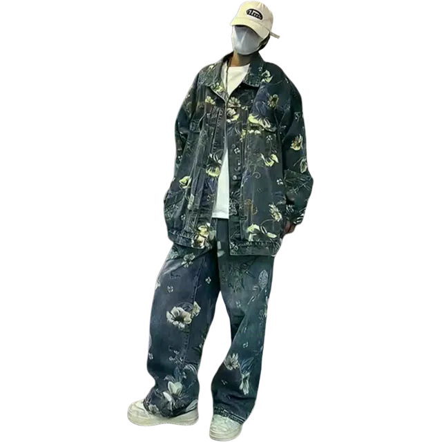 北极绒 美式复古印花潮牌高街宽松牛仔外套 男款