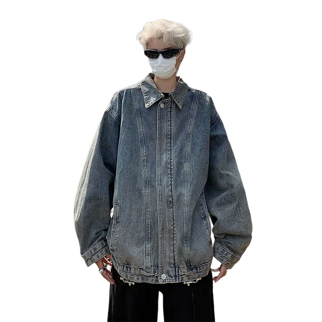 北极绒 潮牌拉链做旧街头水洗美式复古高街休闲翻领长袖牛仔外套 男款