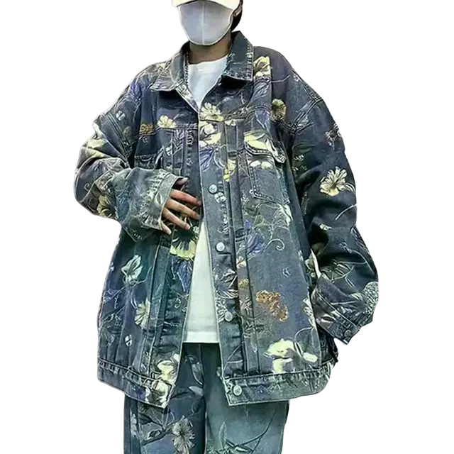 北极绒 美式复古印花潮牌高街宽松牛仔外套 男款