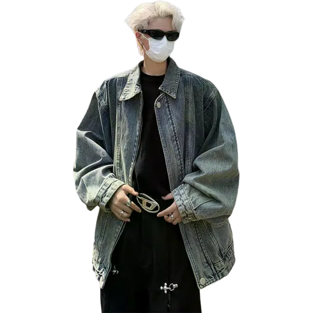 北极绒 潮牌拉链做旧街头水洗美式复古高街休闲翻领长袖牛仔外套 男款