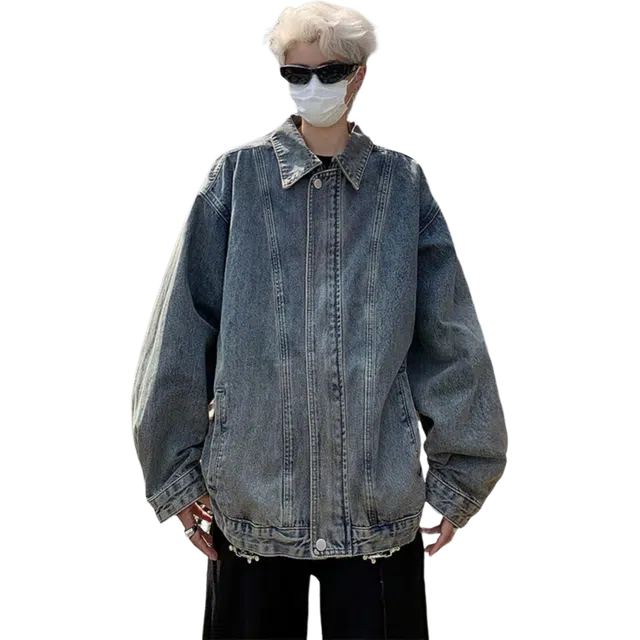 北极绒 潮牌拉链做旧街头水洗美式复古高街休闲翻领长袖牛仔外套 男款