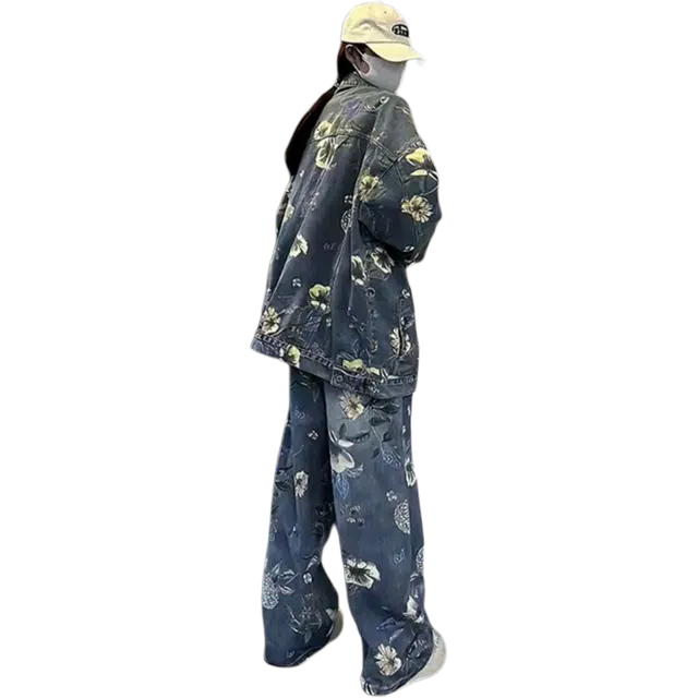 北极绒 美式复古印花潮牌高街宽松牛仔外套 男款