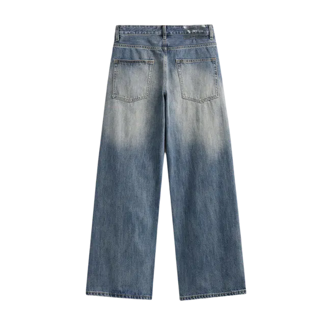 独驰 男款春秋季水洗做旧阔腿裤高街直筒休闲长裤牛仔裤 男女同款