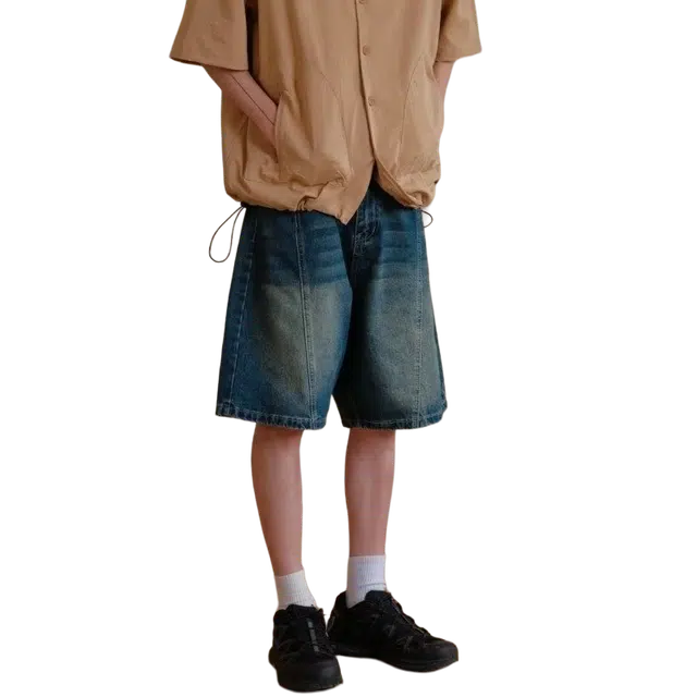 木木兔 美式复古水洗做旧潮牌宽松直筒休闲百搭小众时尚五分牛仔短裤 男款