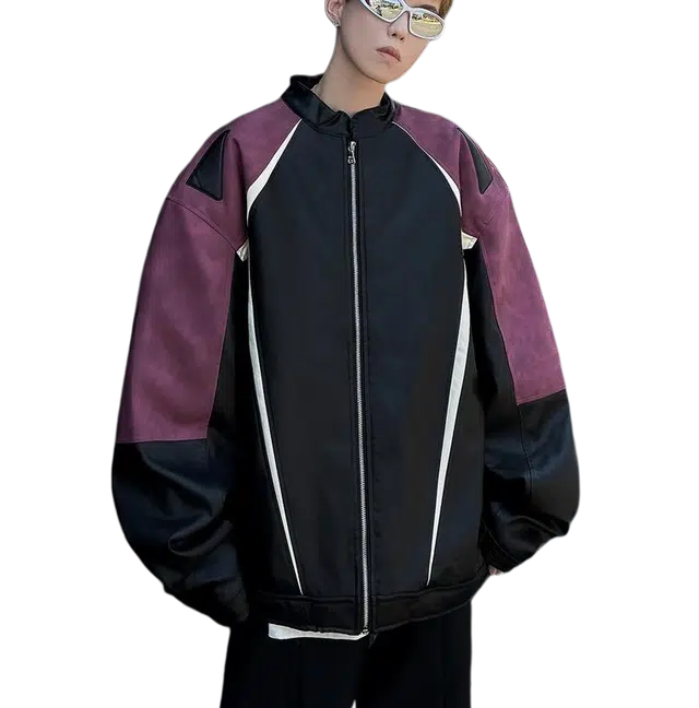 地界二 拼色外套男秋季美式高街帅气机车设计感嘻哈街头潮牌立领拼色秋季美式夹克 男款