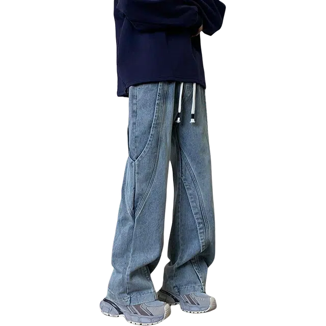 一碗士多 美式复古高街水洗拼接做旧小众百搭设计感系带松紧腰阔腿直筒宽松日常通勤运动个性时尚基础款牛仔裤 男女同款