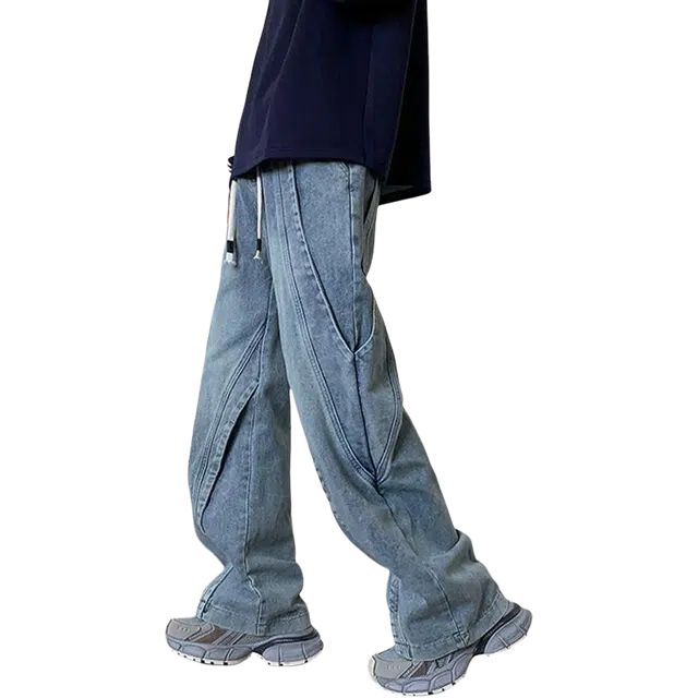 一碗士多 美式复古高街水洗拼接做旧小众百搭设计感系带松紧腰阔腿直筒宽松日常通勤运动个性时尚基础款牛仔裤 男女同款