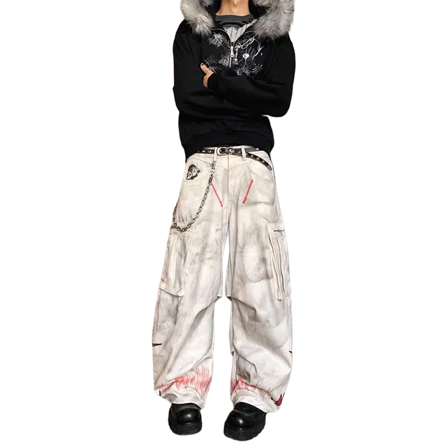 一碗士多 美式复古高街小众拼接个性时尚痞帅设计宽松垂感拖地直筒阔腿日常通勤户外基础款休闲裤 男女同款