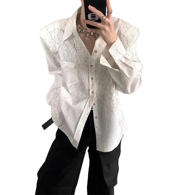 一碗士多 纯色解构肌理感裂纹垫肩翻领美式高街复古高级感雅痞小众设计青春慵懒风西服内搭休闲日常宽松衬衫 男女同款