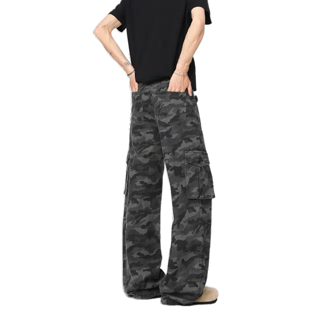 明尼凯 美式复古嘻哈街头风迷彩多口袋裤子潮牌设计感小众高级感痞帅修身直筒显高显瘦长裤百搭垂感拖地伐木工装牛仔裤 男女同款