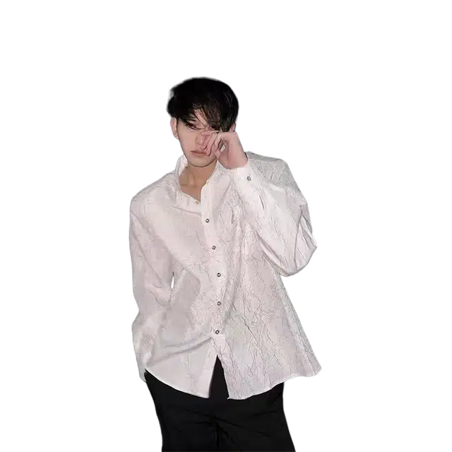 一碗士多 纯色解构肌理感裂纹垫肩翻领美式高街复古高级感雅痞小众设计青春慵懒风西服内搭休闲日常宽松衬衫 男女同款
