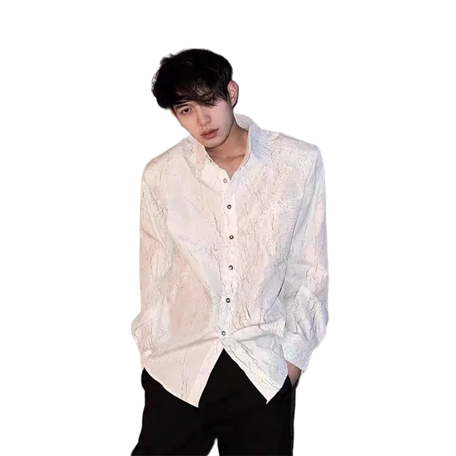 一碗士多 纯色解构肌理感裂纹垫肩翻领美式高街复古高级感雅痞小众设计青春慵懒风西服内搭休闲日常宽松衬衫 男女同款