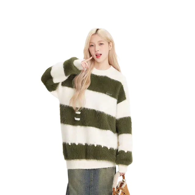 一碗士多 条纹拼接补丁圆领套头美式复古高街时尚流行痞帅个性高级设计日常通勤宽松舒适百搭不挑人针织衫 男女同款