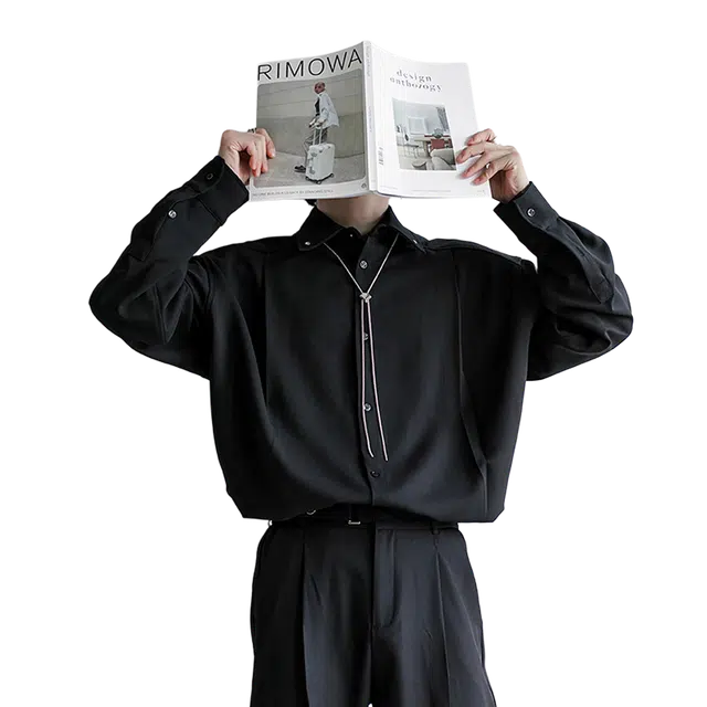 一碗士多 项链纯色时尚简约翻领纽扣铆钉垂感飞机扣韩系西装痞帅高街气质高级感慵懒风松弛感宽松百搭休闲衬衫 男女同款