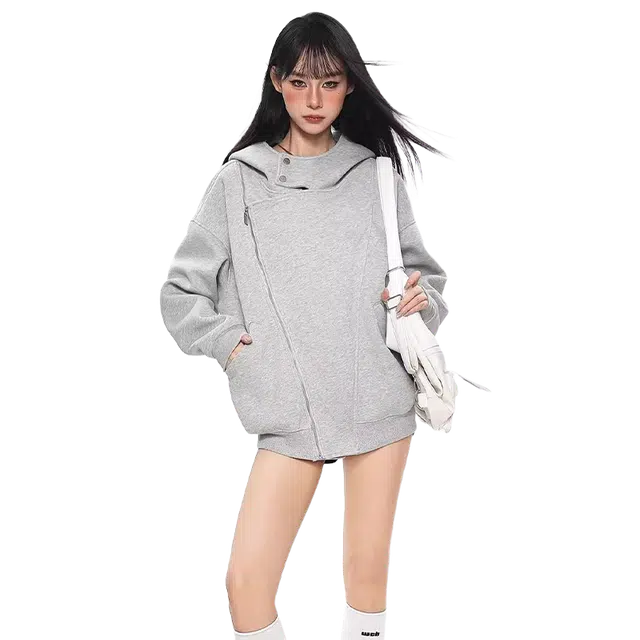 一碗士多 美式复古高街小众简约百搭纯色斜排拉链设计个性时尚宽松舒适柔软日常通勤户外长袖连帽夹克 男女同款