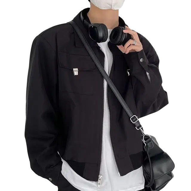 一碗士多 美式复古小众百搭高街简约卡扣式口袋双头拉链设计纯色通勤日常户外高肩痞帅休闲翻领夹克 男女同款