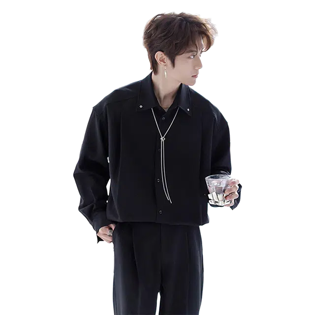 一碗士多 项链纯色时尚简约翻领纽扣铆钉垂感飞机扣韩系西装痞帅高街气质高级感慵懒风松弛感宽松百搭休闲衬衫 男女同款