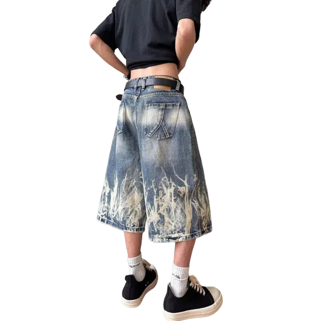 拓菲 美式复古扎染闪电纹牛仔七分裤设计感小众宽松百搭阔腿短裤 男女同款