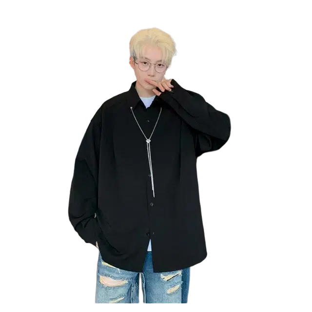 一碗士多 项链纯色时尚简约翻领纽扣铆钉垂感飞机扣韩系西装痞帅高街气质高级感慵懒风松弛感宽松百搭休闲衬衫 男女同款