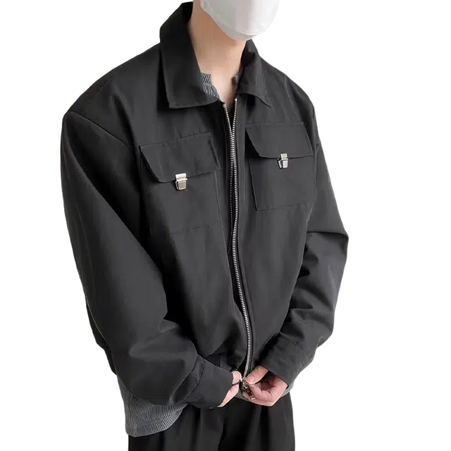 一碗士多 美式复古小众百搭高街简约卡扣式口袋双头拉链设计纯色通勤日常户外高肩痞帅休闲翻领夹克 男女同款