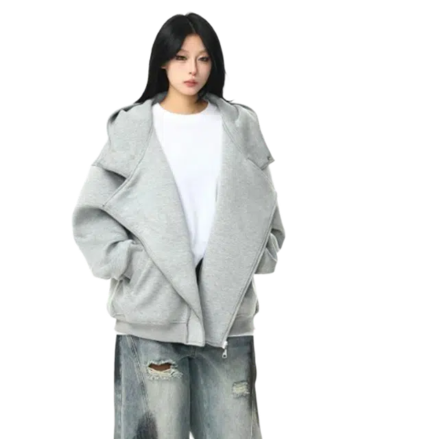 一碗士多 美式复古高街小众简约百搭纯色斜排拉链设计个性时尚宽松舒适柔软日常通勤户外长袖连帽夹克 男女同款