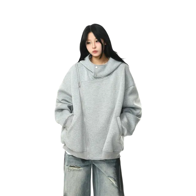一碗士多 美式复古高街小众简约百搭纯色斜排拉链设计个性时尚宽松舒适柔软日常通勤户外长袖连帽夹克 男女同款