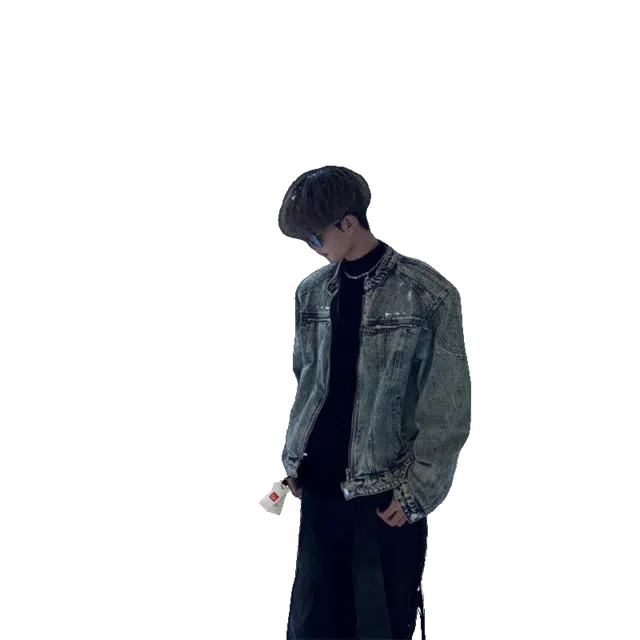 零氏 美式短款高级感痞帅发型师潮牌男装垫肩立领牛仔外套 男女同款