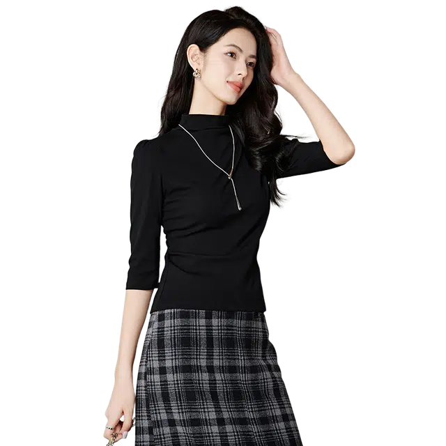 晚白  气质修身上衣纯色棉质弹力百搭通勤 打底衫 女款