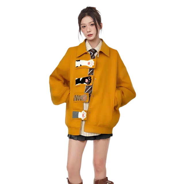 一碗士多  小猫爪撞色刺绣拼接防水软壳可爱甜美风翻领静默美式复古日常城市户外通勤出街拍照宽松舒适百搭夹克显瘦慵懒感棒球服 男女同款