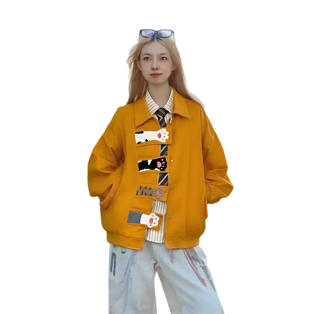 一碗士多  小猫爪撞色刺绣拼接防水软壳可爱甜美风翻领静默美式复古日常城市户外通勤出街拍照宽松舒适百搭夹克显瘦慵懒感棒球服 男女同款