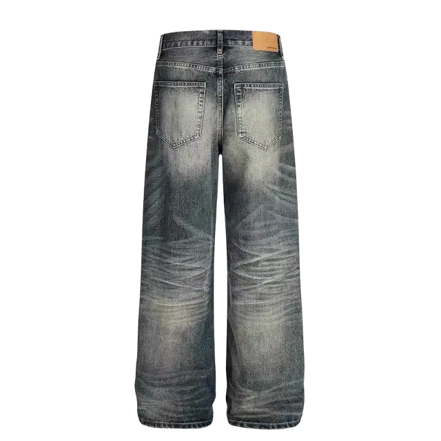 一碗士多 美式高街百搭做旧水洗复古垂感拖地个性经典痞帅阔腿直筒通勤日常户外拍照基础款牛仔裤 男女同款