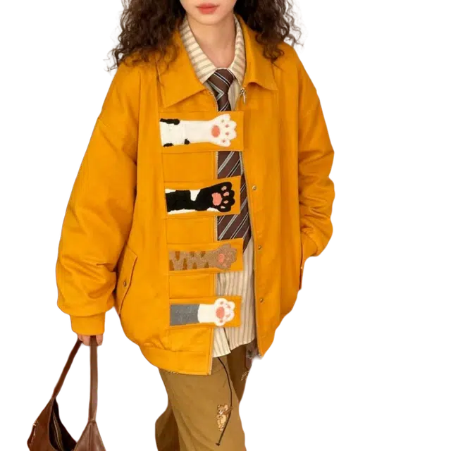 一碗士多  小猫爪撞色刺绣拼接防水软壳可爱甜美风翻领静默美式复古日常城市户外通勤出街拍照宽松舒适百搭夹克显瘦慵懒感棒球服 男女同款