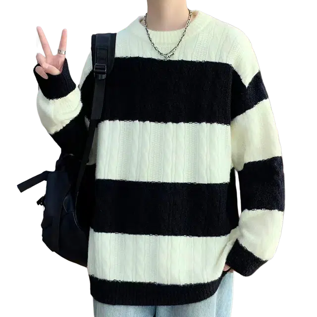 一碗士多 撞色套头条纹织带美式复古高街时尚流行痞帅个性高级设计日常通勤宽松舒适百搭不挑人针织衫 男女同款