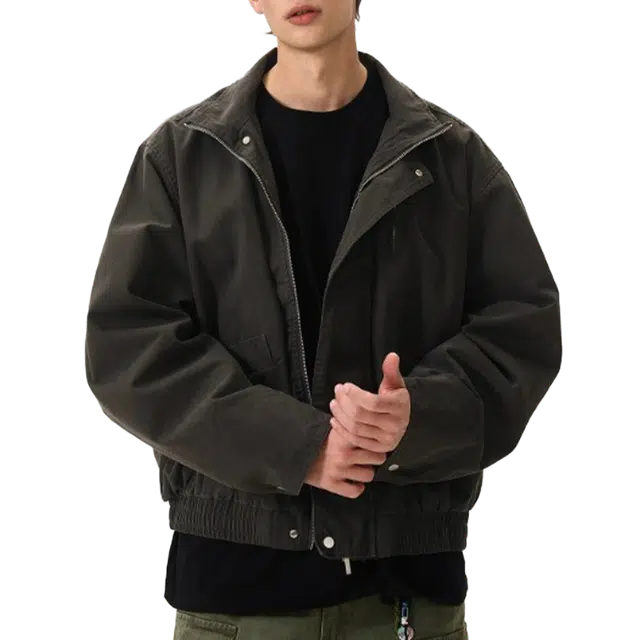 一碗士多 美式复古小众百搭纯色简约个性痞帅时尚宽松舒适拉链设计通勤活动日常户外登山骑车经典款立领夹克 男女同款