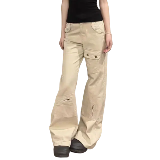 一碗士多 纯色多口袋工装美式复古潮流微喇不贴腿显高显瘦设计感简约拖地直筒小众日常百搭痞帅喇叭裤牛仔裤 男女同款