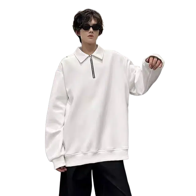 一碗士多 美式复古小众百搭纯色简约个性时尚痞帅铆钉设计半拉链宽松舒适通勤日常户外基础款翻领卫衣 男女同款