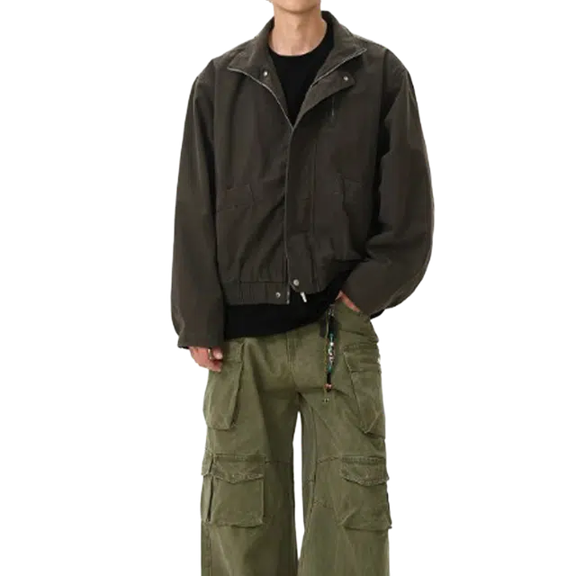 一碗士多 美式复古小众百搭纯色简约个性痞帅时尚宽松舒适拉链设计通勤活动日常户外登山骑车经典款立领夹克 男女同款