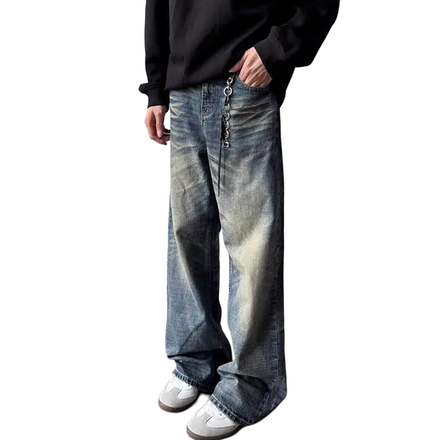 一碗士多 美式高街百搭做旧水洗复古垂感拖地个性经典痞帅阔腿直筒通勤日常户外拍照基础款牛仔裤 男女同款