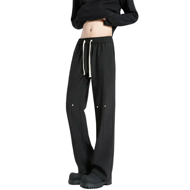 一碗士多 美式复古高街小众纯色简约百搭个性时尚痞帅拼接设计感铆钉垂感直筒阔腿通勤日常户外运动系带经典款休闲裤 男女同款