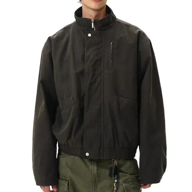 一碗士多 美式复古小众百搭纯色简约个性痞帅时尚宽松舒适拉链设计通勤活动日常户外登山骑车经典款立领夹克 男女同款