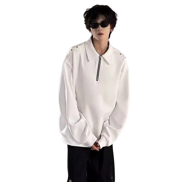 一碗士多 美式复古小众百搭纯色简约个性时尚痞帅铆钉设计半拉链宽松舒适通勤日常户外基础款翻领卫衣 男女同款