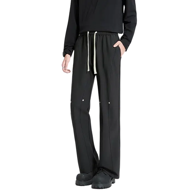 一碗士多 美式复古高街小众纯色简约百搭个性时尚痞帅拼接设计感铆钉垂感直筒阔腿通勤日常户外运动系带经典款休闲裤 男女同款