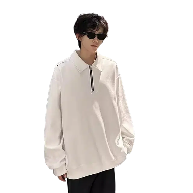 一碗士多 美式复古小众百搭纯色简约个性时尚痞帅铆钉设计半拉链宽松舒适通勤日常户外基础款翻领卫衣 男女同款