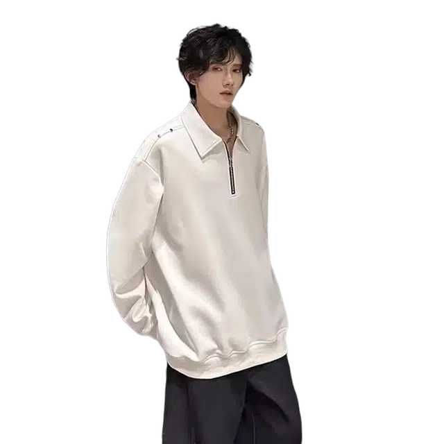 一碗士多 美式复古小众百搭纯色简约个性时尚痞帅铆钉设计半拉链宽松舒适通勤日常户外基础款翻领卫衣 男女同款