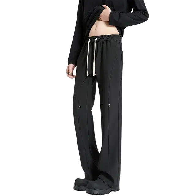 一碗士多 美式复古高街小众纯色简约百搭个性时尚痞帅拼接设计感铆钉垂感直筒阔腿通勤日常户外运动系带经典款休闲裤 男女同款