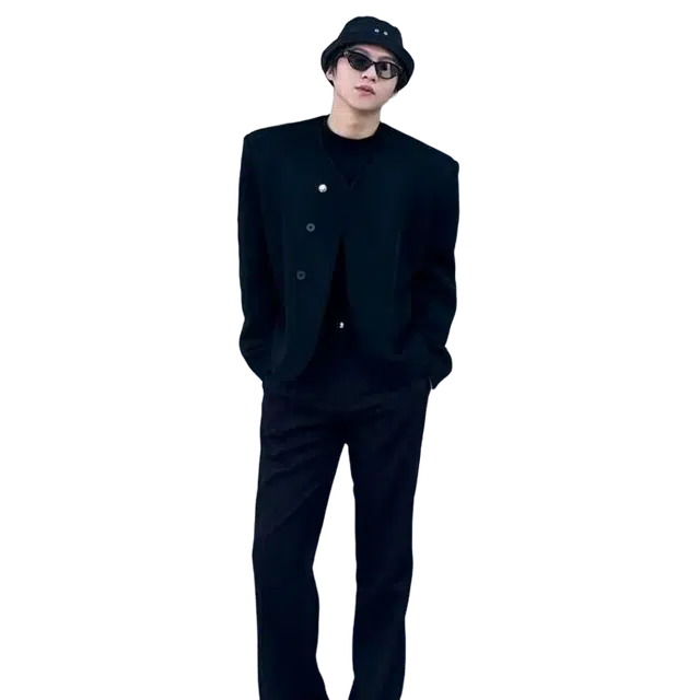 一碗士多 无领纯色三粒扣不规则垫肩暗黑风韩系设计感高级感简约山本风潮流百搭显瘦时尚冷淡系穿搭西装 男女同款