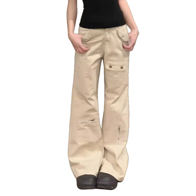 一碗士多 纯色多口袋工装美式复古潮流微喇不贴腿显高显瘦设计感简约拖地直筒小众日常百搭痞帅喇叭裤牛仔裤 男女同款