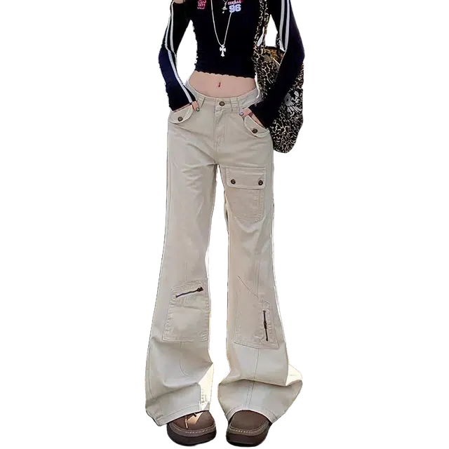 一碗士多 纯色多口袋工装美式复古潮流微喇不贴腿显高显瘦设计感简约拖地直筒小众日常百搭痞帅喇叭裤牛仔裤 男女同款