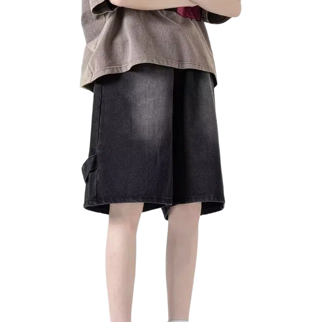 木木兔 美式高街潮牌水洗做旧休闲小众设计感时尚百搭宽松五分裤牛仔短裤 男款