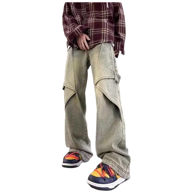 一碗士多 解构飘带黄泥染做旧不规则水洗微喇重工美式高街复古痞帅工装小众设计感直筒垂感拖地阔腿休闲百搭户外牛仔裤 男女同款